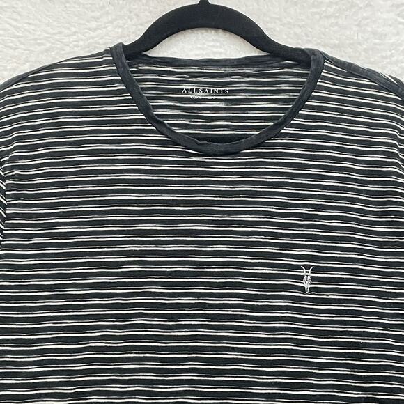 AllSaints Shirt Mens Large Black Striped Short Sleeve Crew Logo Point Modal Tee - Picture 4 of 9